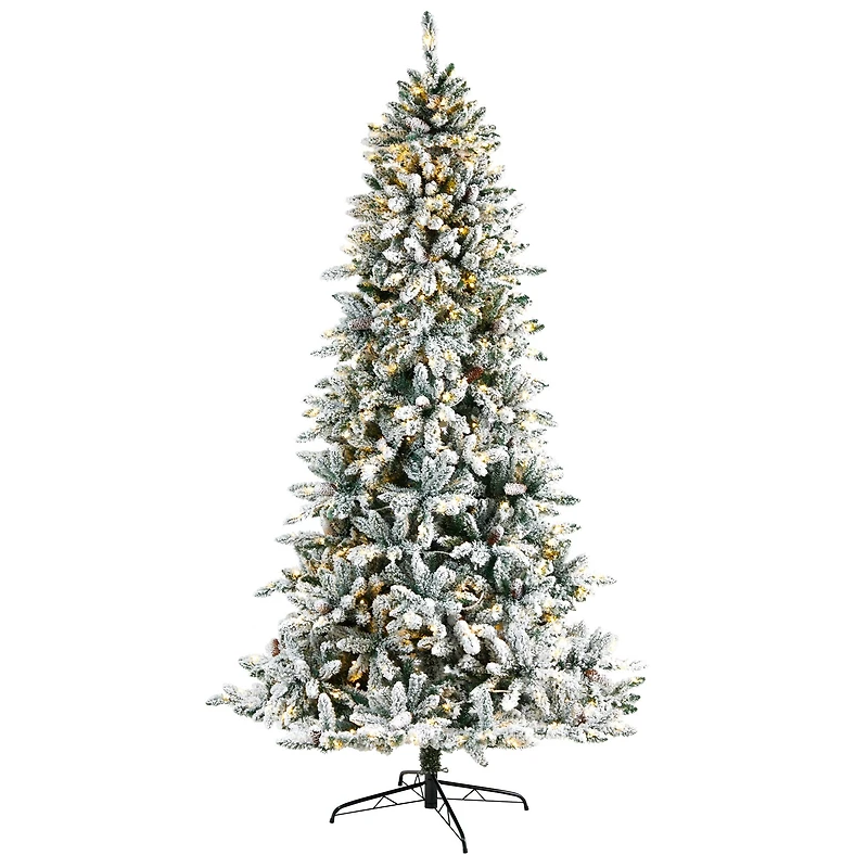 8ft. Pre-Lit Flocked Livingston Fir Artificial Christmas Tree with Pinecones, Clear LED Lights