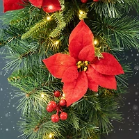Glitzhome® 3ft. Pre-Lit Pine, Poinsettia & Berries Christmas Teardrop Swag