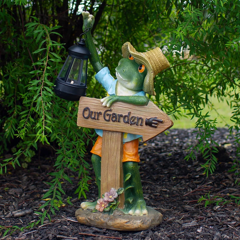 18" Country Frog with Lantern Outdoor Garden Statue