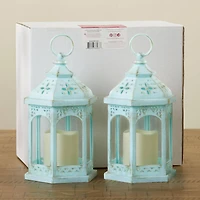 LED Blue Hexagon Distressed Lantern Set