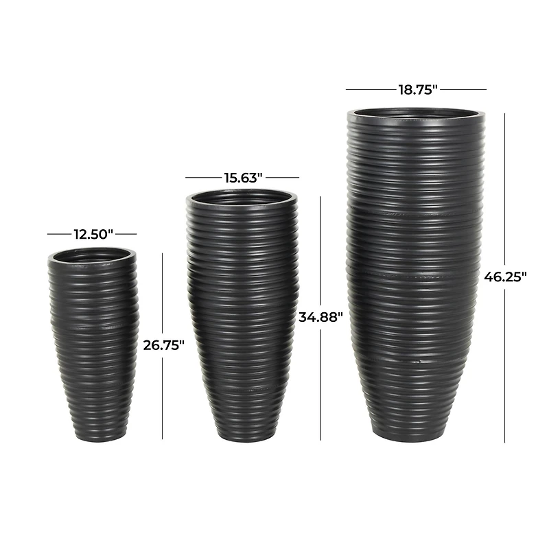 Black Ribbed Floor Metal Vase Set with Horizontal Grooves