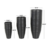 Black Ribbed Floor Metal Vase Set with Horizontal Grooves