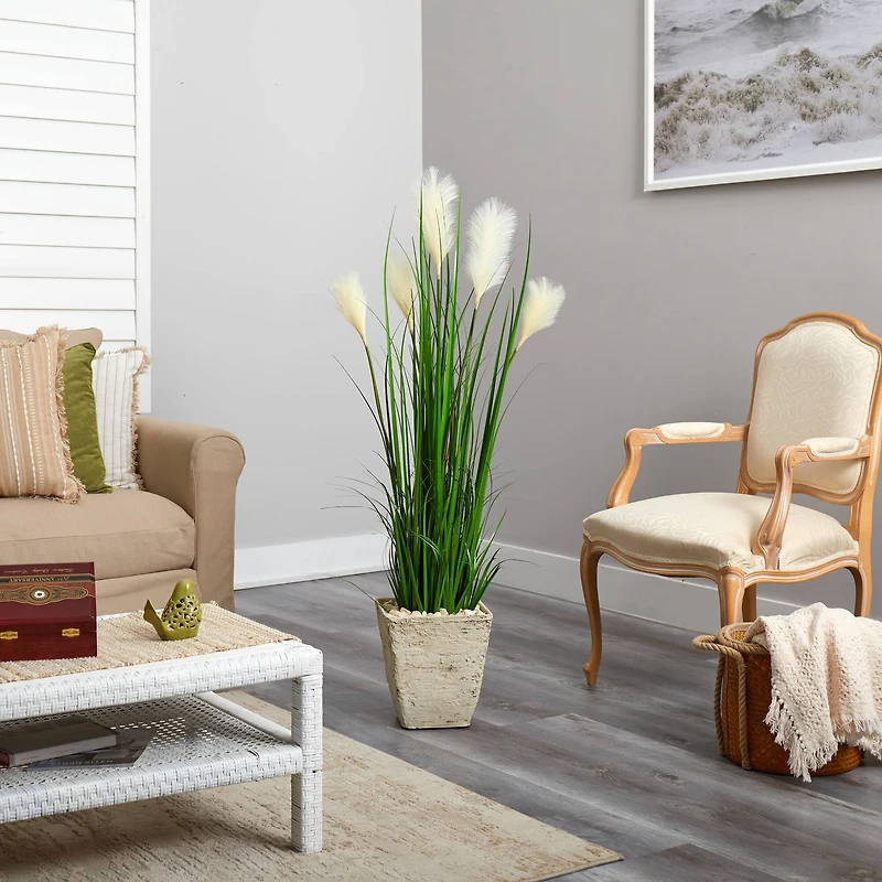 4.5ft. Wheat Plume Grass Plant in Country White Planter
