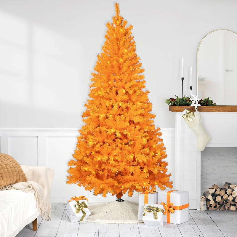7ft. Pre-Lit Medium Orange Pine Artificial Christmas Tree, Clear Lights