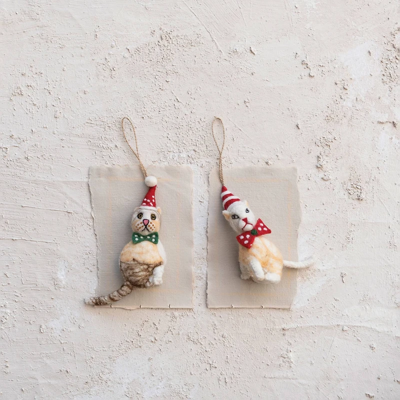 Hello Honey® Handmade Wool Felt Cat Ornament Set with Hat, Bow Tie & Embroidery