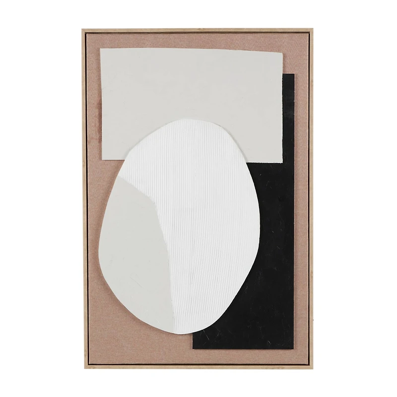 Brown Wooden Geometric Textured Home Wall Décor with Abstract Black and White Shapes and Fabric Backing