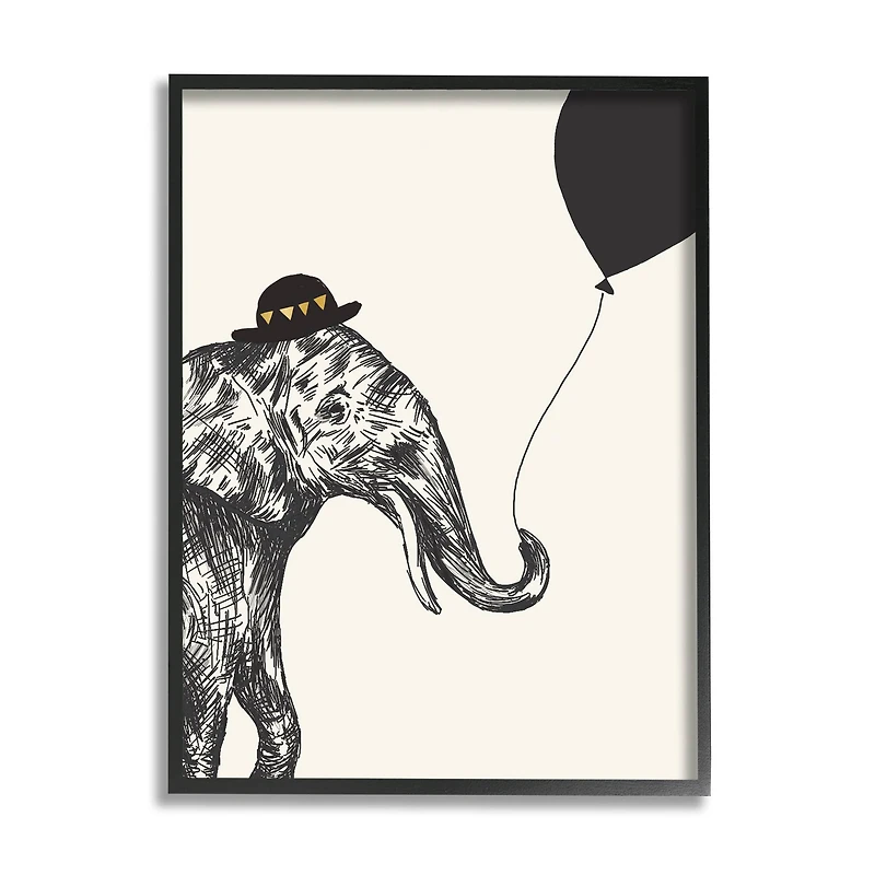 Stupell Industries Elephant with Derby Hat Holding Black Balloon Framed Wall Art