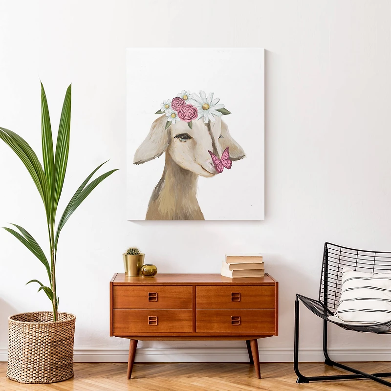Cute Baby Goat Butterfly Flowers 24" x 30" Canvas Wall Art