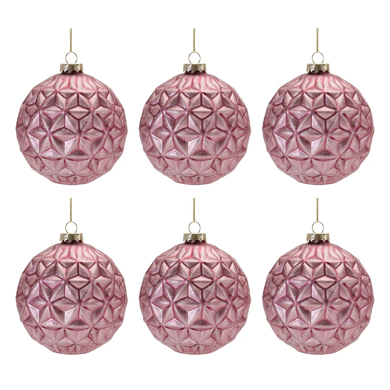 6 Pack 4" Frosted Pink Geometric Ball Glass Ornaments