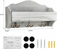 Rustic White Wooden Mail 1-Piece Floating Wall Shelf With 6 Key Hooks