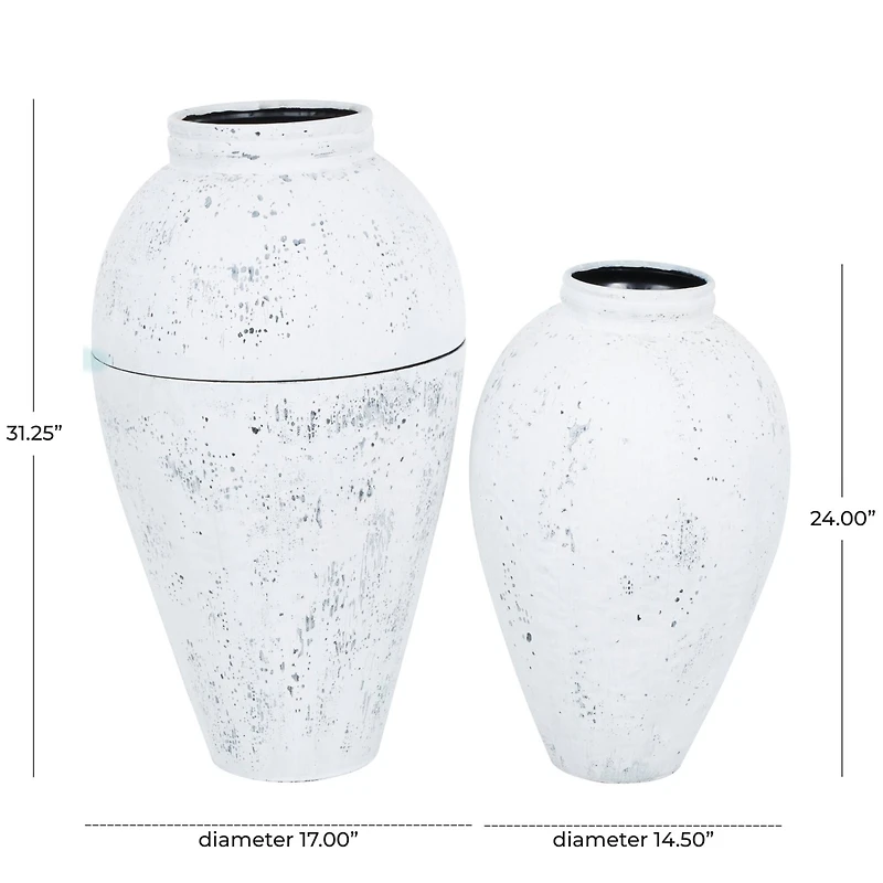 White Distressed Pot Floor Metal Vase Set