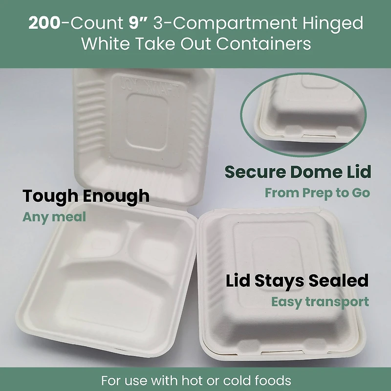 9" White Single-Compartment Hinged Compostable Take Out Containers, 200ct.