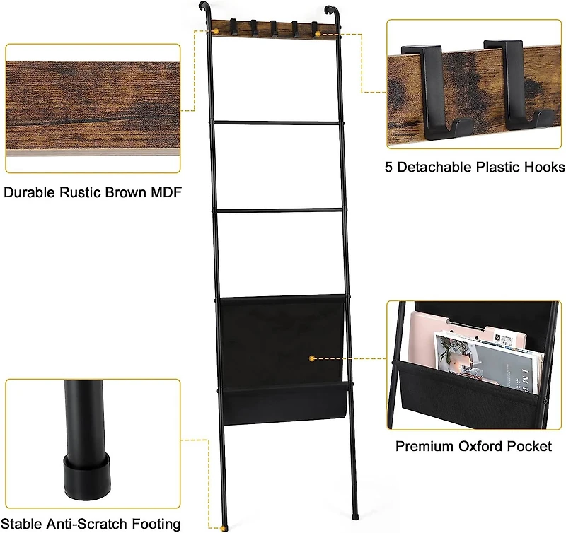 NEX™ 64.5" Farmhouse Decorative Ladder with 5 Hooks & Pocket