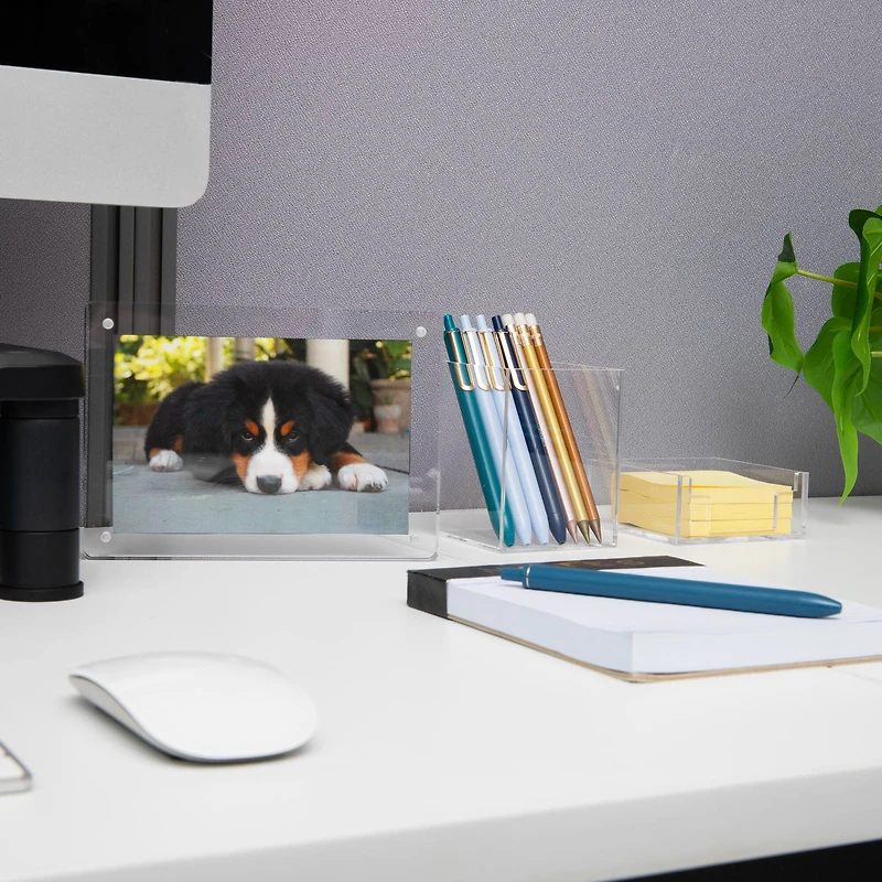 Mind Reader 3-Piece Desk Organizer Set, Pen Holder, Photo Frame and Sticky Note Tray, Acrylic, Clear