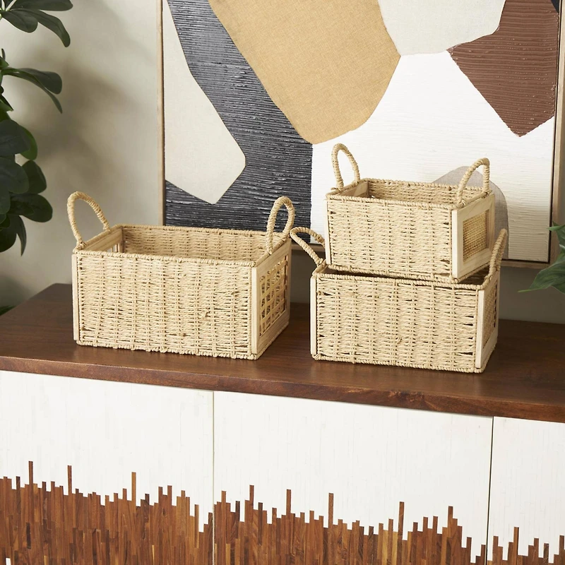 Brown Rattan Woven Decorative Storage Basket with Rope Handles, 3ct.