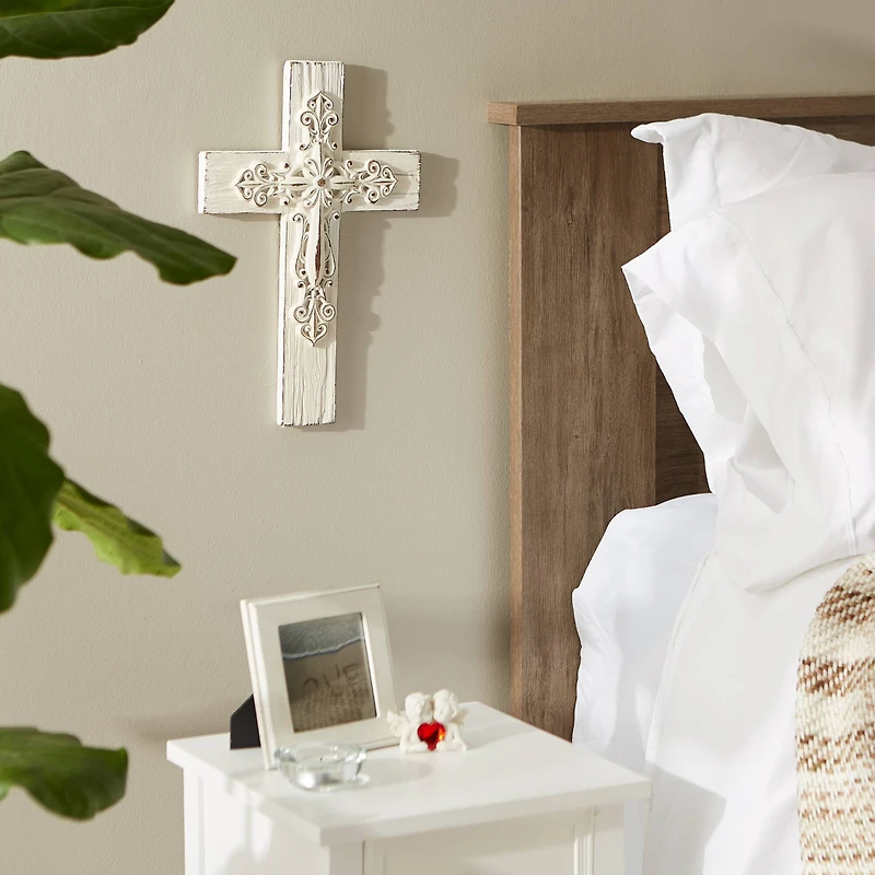 Ornate Whitewashed Cross 9" x 0.5" x 13.5