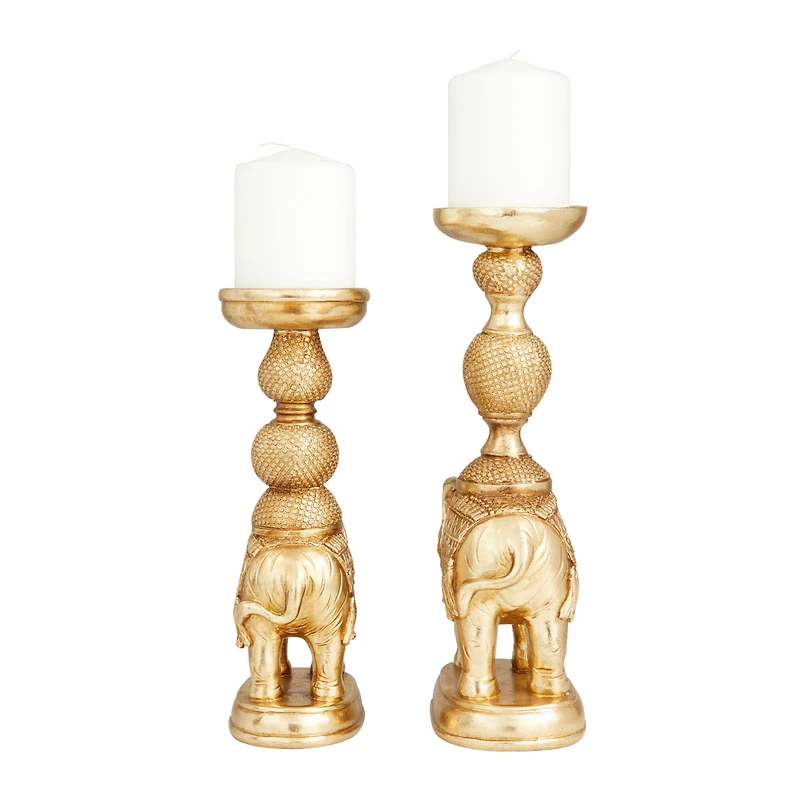 Set of 2 Gold Polystone Traditional Candle Holders, 13" x 4" x 6"