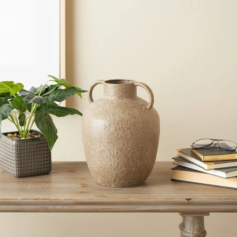 12" Brown Antique Inspired Metal Vase with Handles