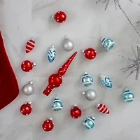 19ct. Red & Blue Frosted Glass Ornaments & Tree Topper Set