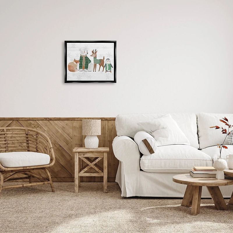 Stupell Industries Winter Wildlife Animals Snowflakes Framed Floater Canvas Wall Art