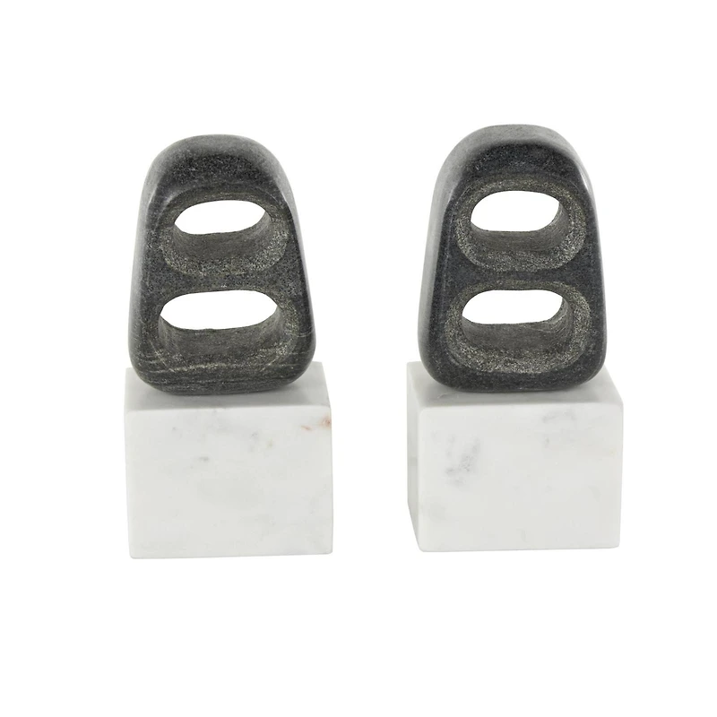 8.25" White & Black Marble Geometric Cutout Oval Bookend Set with Block Base