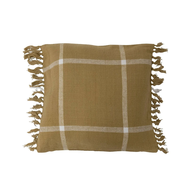 Hello Honey® Citron Plaid Cotton Flannel Pillow with Fringe