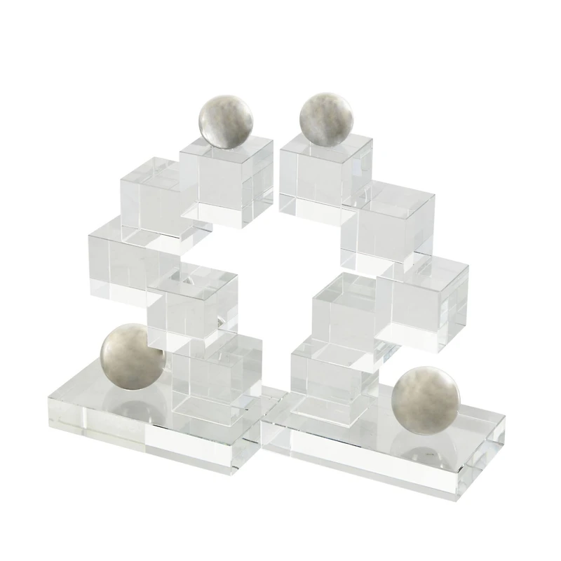 8.25" Clear Glass Stacked Squares Bookends with Silver Orbs, 2ct.
