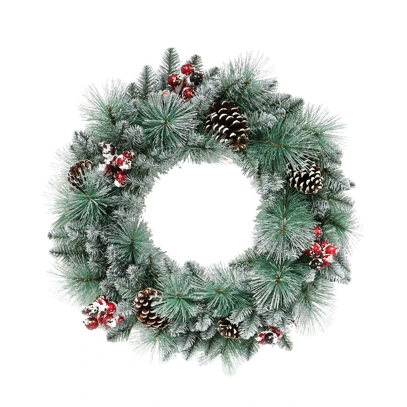 24" Glitter Pine, Cones & Red Berries Wreath