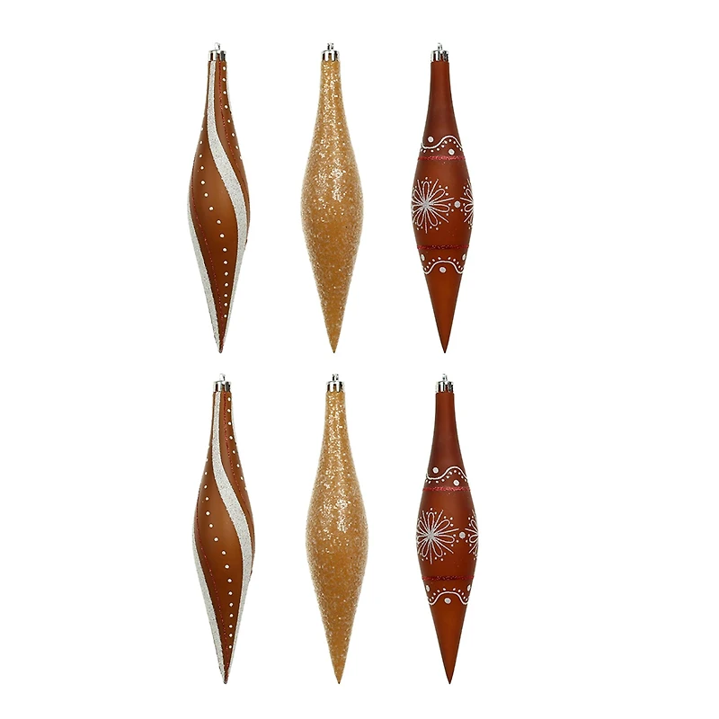 6 Pack 7.7" Brown, White & Gold Glitter Shatterproof Teardrop Ornaments by Ashland®