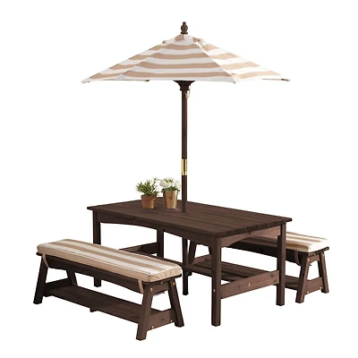 KidKraft Oatmeal & White Stripes Outdoor Table & Bench Set with Cushions & Umbrella