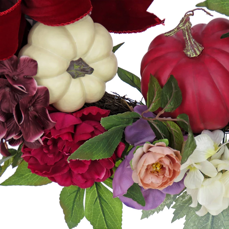 22" Harvest Wreath Decoration with Peony, Pumpkin and Bow