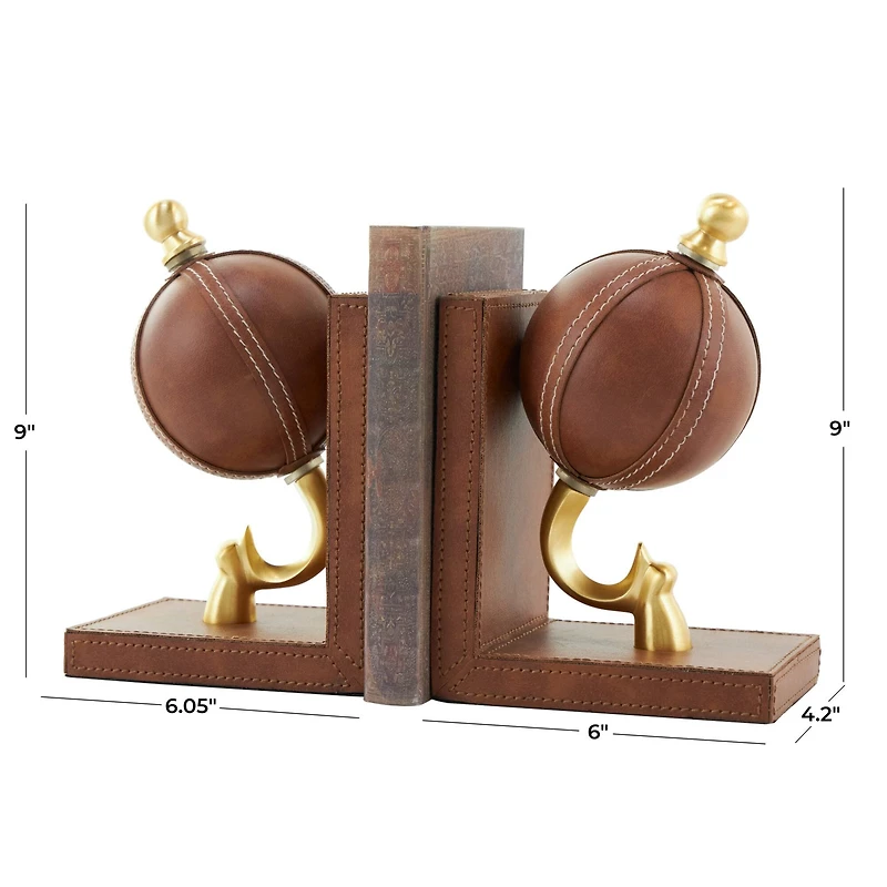9" Brown Leather Globe Handmade Stitched Bookends Set