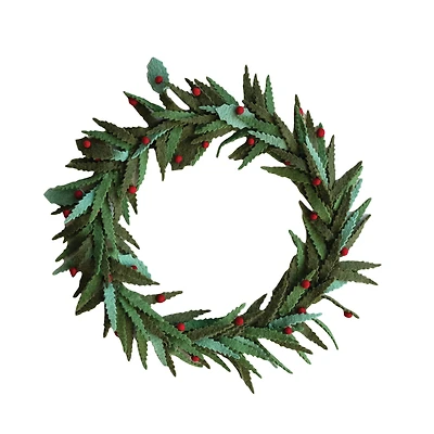 Hello Honey® 20" Green & Red Round Handmade Wool Felt Leaves Wreath with Berries