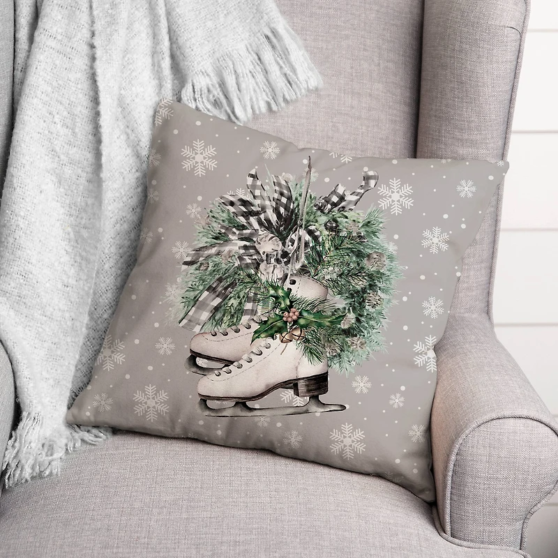 Neutral Ice Skates Wreath Throw Pillow