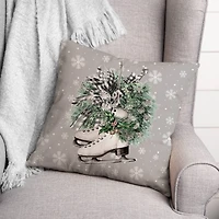 Neutral Ice Skates Wreath Throw Pillow