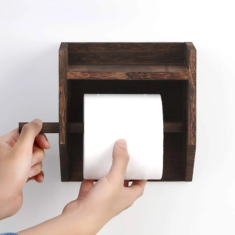 Rustic Brown Wood Toilet Paper Holder Wall Mount with Shelf