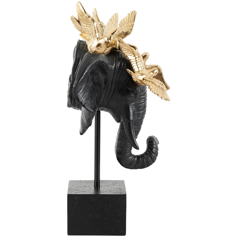 21" Black & Gold Polystone Elephant Head with Birds Statue