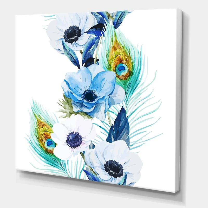 Designart - Handpainted Anemones And Peacock Feathers