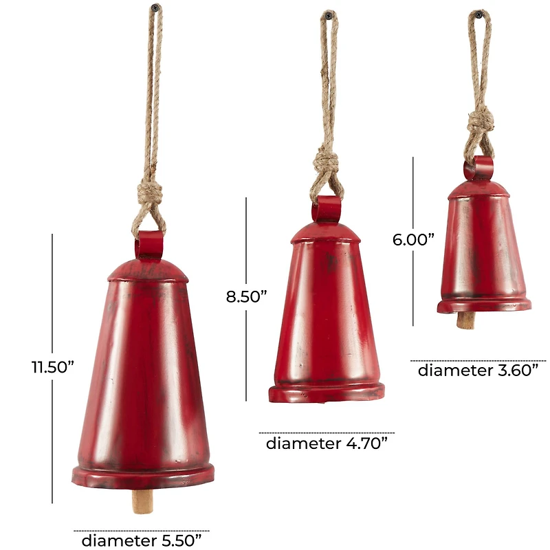 Red Metal Tibetan Inspired Decorative Cow Bells with Jute Hanging Rope Set