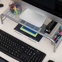 Mind Reader Silver Metal Mesh Monitor Stand with 2 Storage Compartments