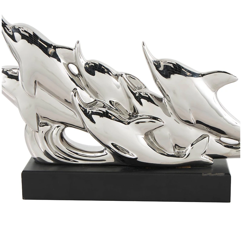 15.5" Silver Ceramic Dolphin Sculpture with Black Block Base