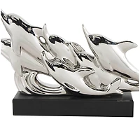 15.5" Silver Ceramic Dolphin Sculpture with Black Block Base