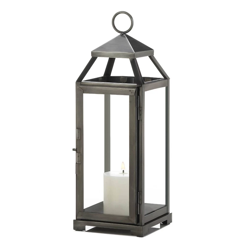 16" Brushed Pewter Iron & Glass Lantern