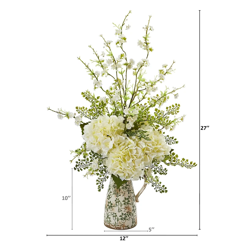 27" Cherry Blossom, Hydrangea and Maiden Hair Artificial Arrangement in Floral Pitcher