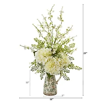 27" Cherry Blossom, Hydrangea and Maiden Hair Artificial Arrangement in Floral Pitcher