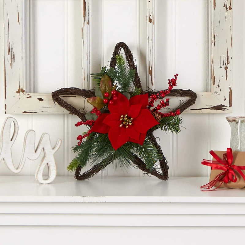 16" Holiday Christmas Poinsettia Star Twig Wreath