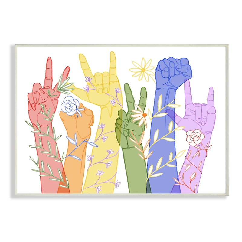 Stupell Industries Rainbow Peace Love Caring Hand Signs ASL Wood Wall Plaque