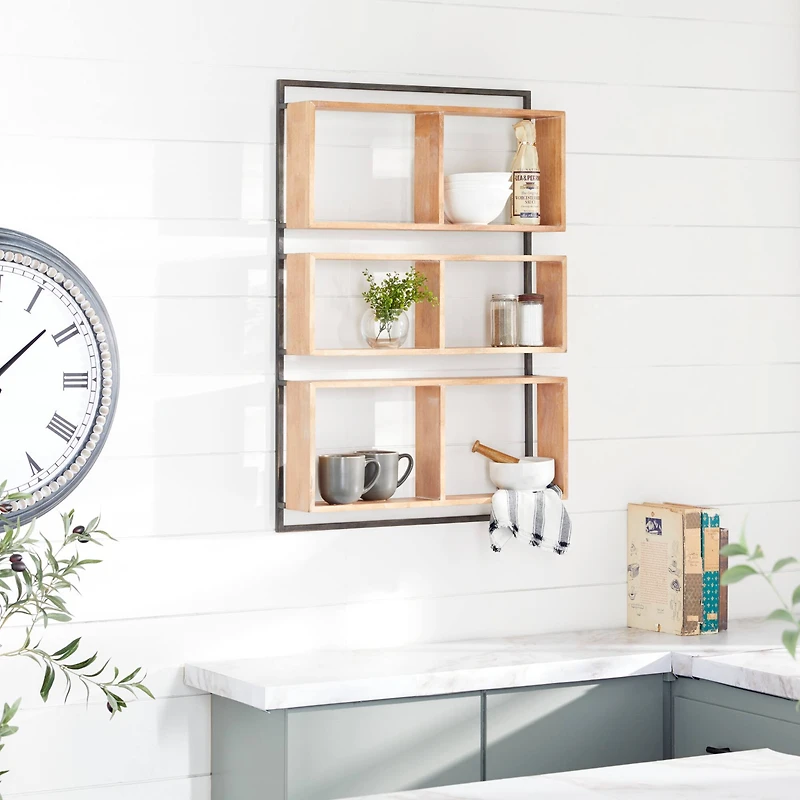 Brown Wood Industrial Wall Shelf, 35" x 24" x 6"