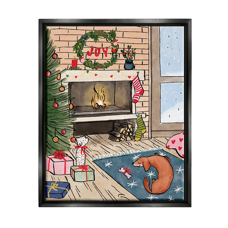 Stupell Industries Cozy Christmas Fireplace Tree Framed Floater Canvas Wall Art