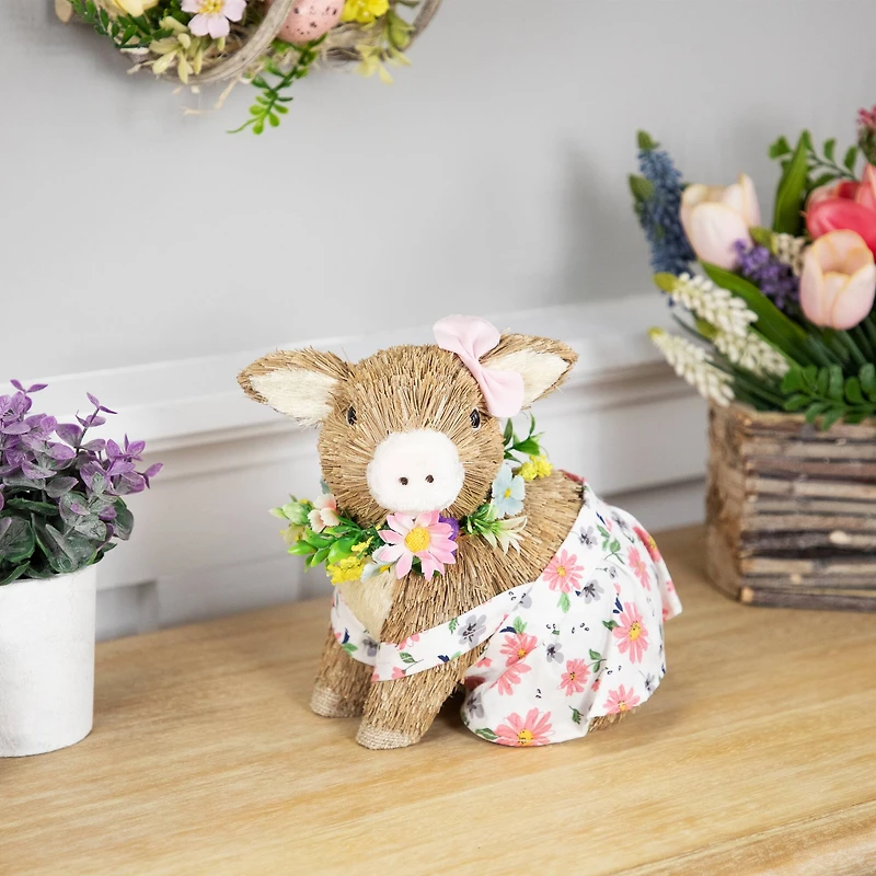 7" Girl Piglet with Floral Dress Spring Figurine